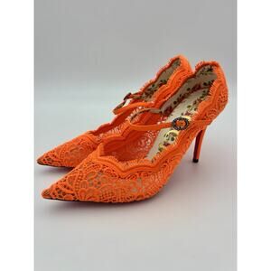 Gucci Mary Jane Heels Neon Orange Lace Size 39 Rhinestone Buckle Authentic